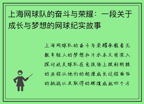 上海网球队的奋斗与荣耀：一段关于成长与梦想的网球纪实故事